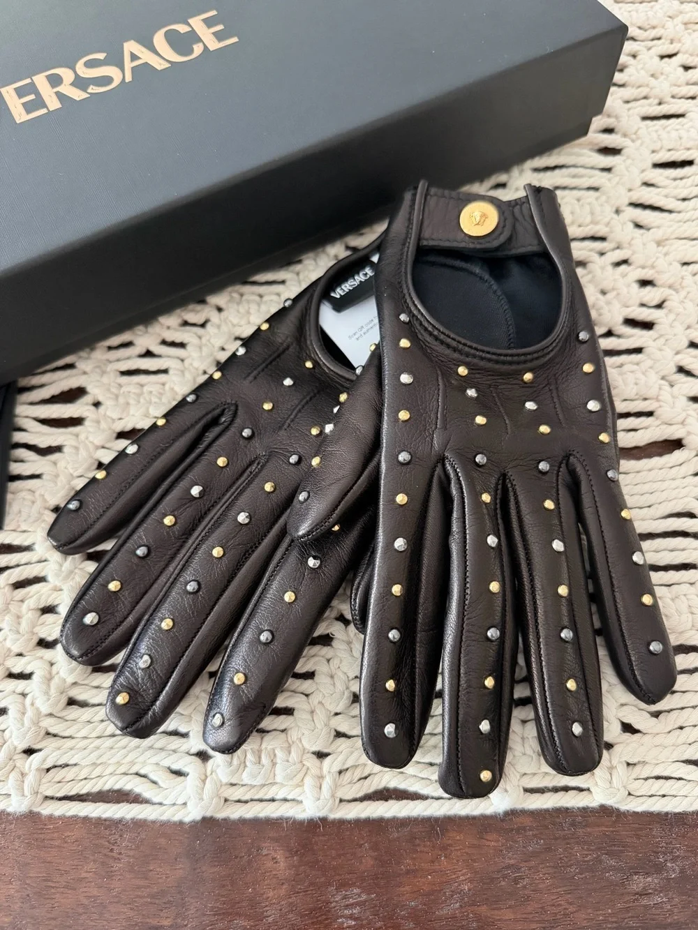 Versace Studded Lambskin Leather Gloves - Black - Size 7 1/2 - New With Tags